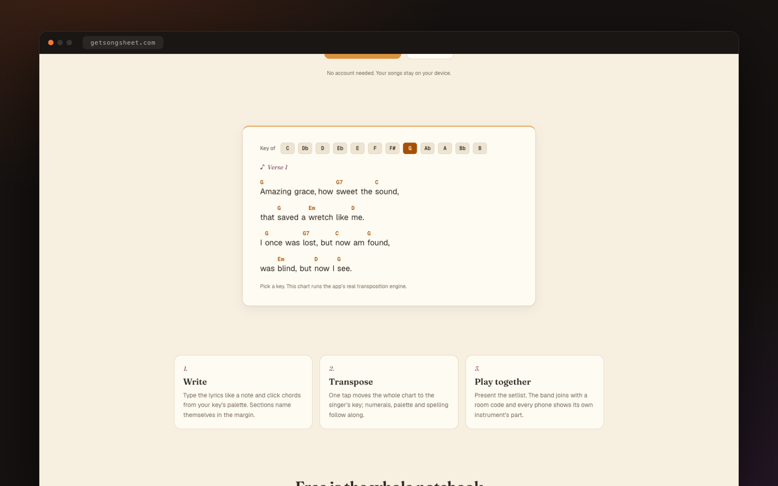 SongSheet · A chord-sheet arranger and presenter for musicians, with real music theory under the hood: from transposition to per-instrument voicings.
