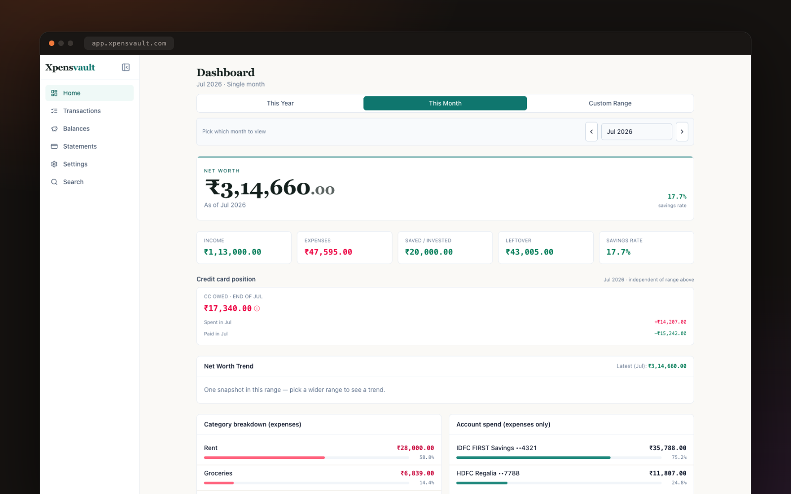 Xpensvault · A local-first personal finance tracker built for India: statement import, reconciliation and AI receipt scanning, with data that never leaves the browser.