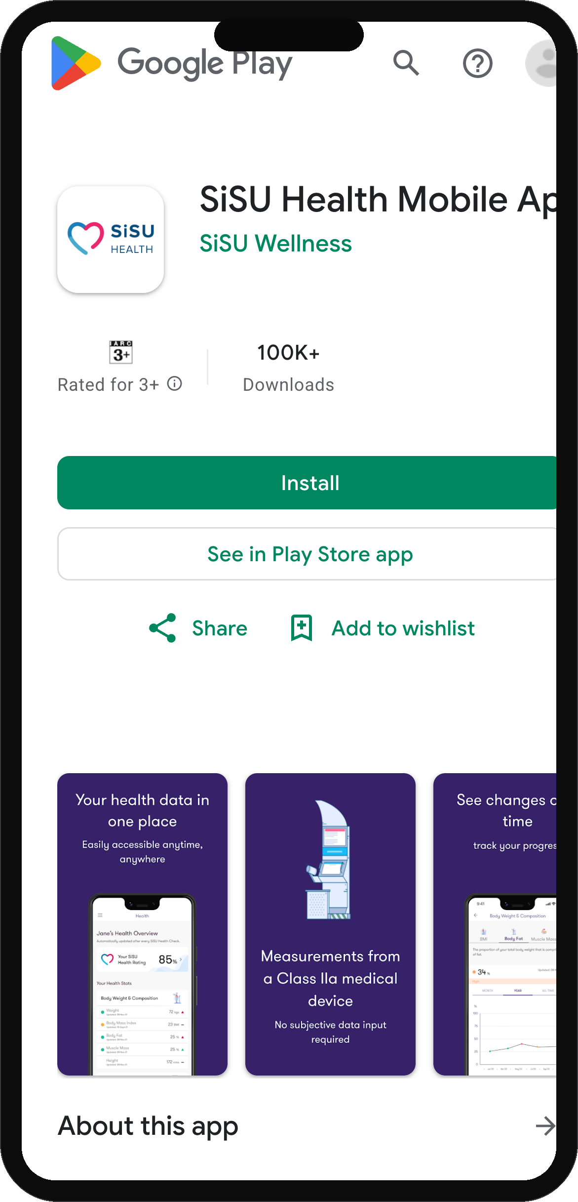 SiSU Health app's Google Play Store listing page